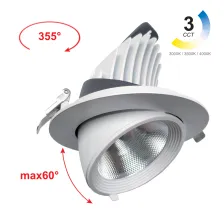Χωνευτό φωτιστικό Roma 30W 3CCT 3000-3500-4000K 36° Λευκό CRI90 315-720mA 34-38Volt d16h13.5cm 5Έτη