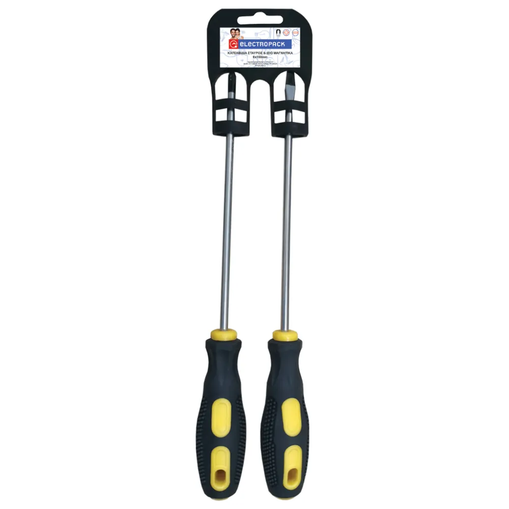 Μαγνητικά κατσαβίδια σταυρός & ίσιο Σετ 2τμχ 6*150mm Chrome-Vanadium Κίτρινο-Μαύρο