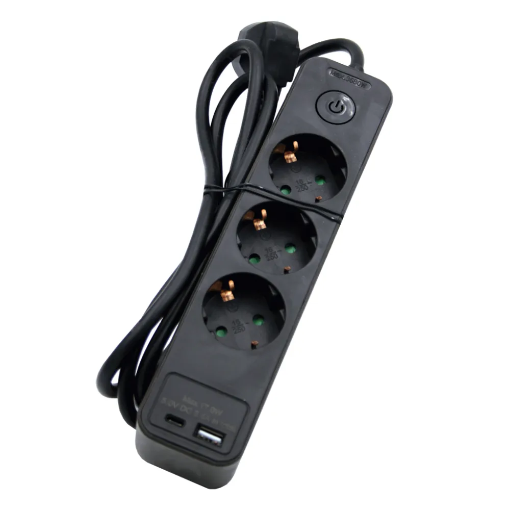 Πολύπριζο 3 Σούκο,2 USB A&C Max 17W,Διακόπτη,3Χ1.5mm2 1.4m,Με Προστασία Παίδων,Μαύρο PVC Με Κρέμαση
